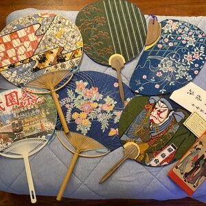 Traditional Japanese Hand Fans - Decorative Uchiwa Set, Floral & Kabuki Designs